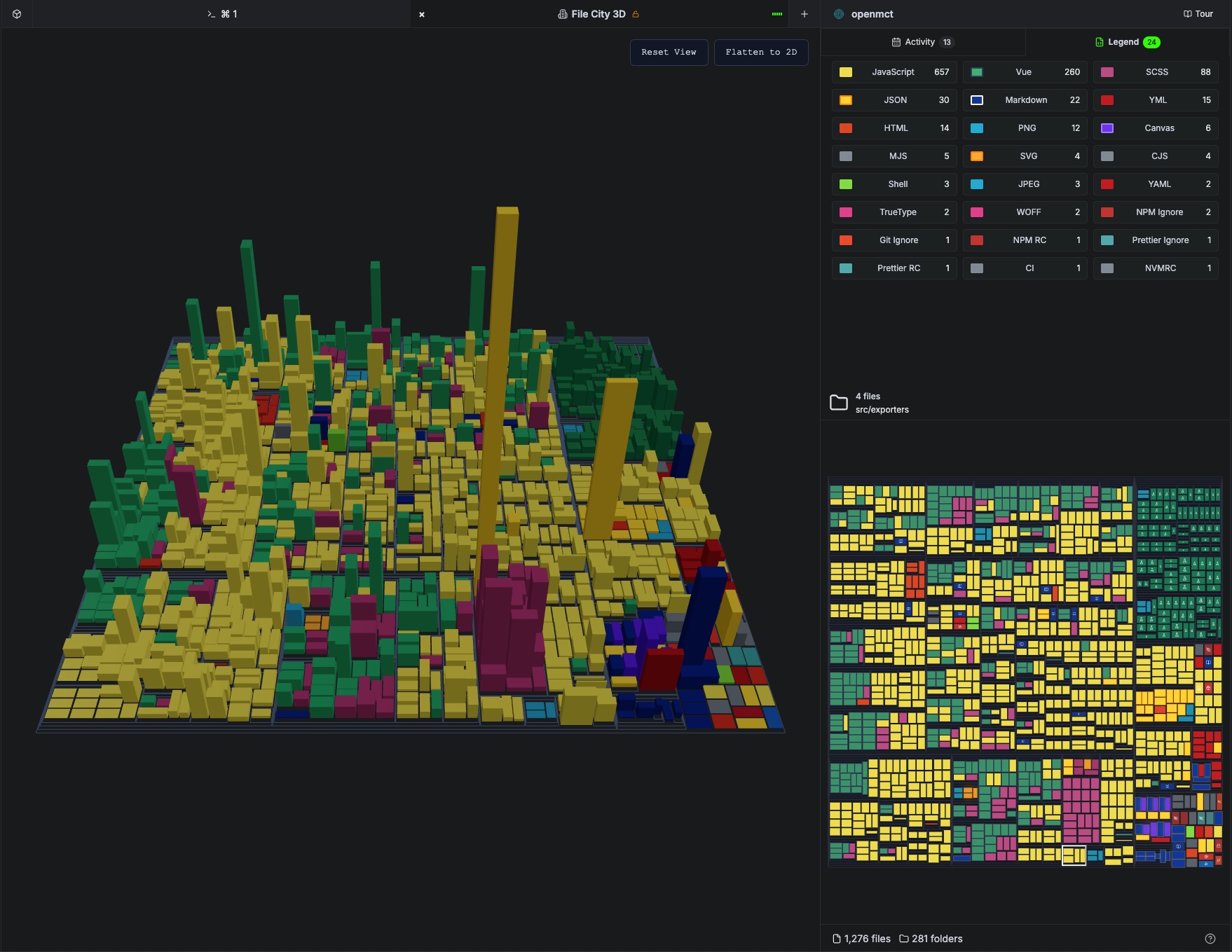 File City 3D view with building heights representing lines of code